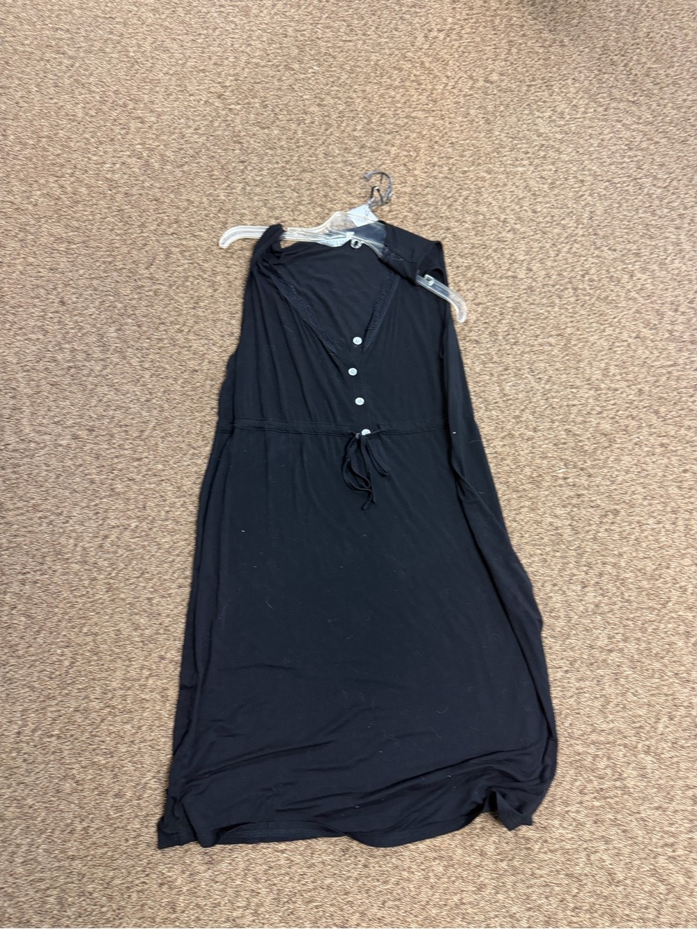 Black Sleeveless V-Neck Button-Front Sleepdress with Drawstring Waist